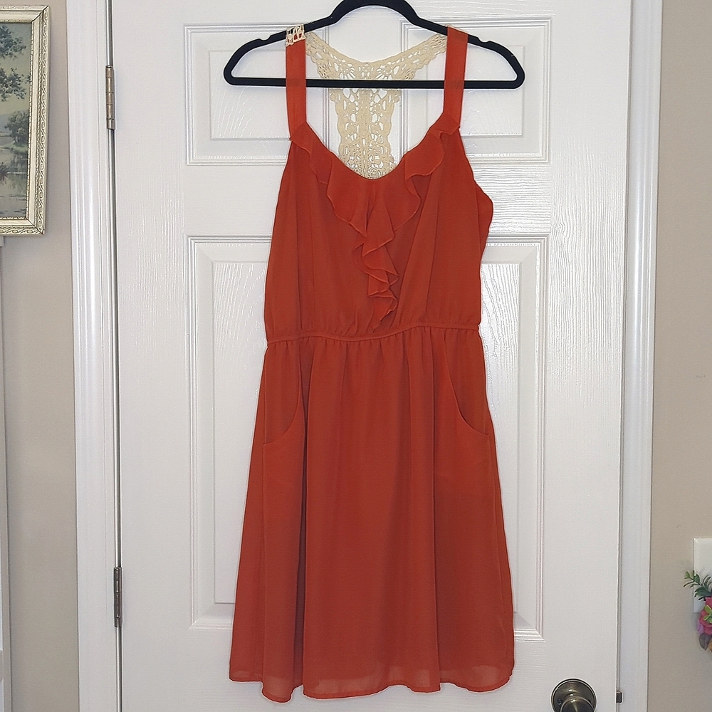Maurices Womens L Orange Ruffle Mini Dress Crochet Back Sleeveless Boho